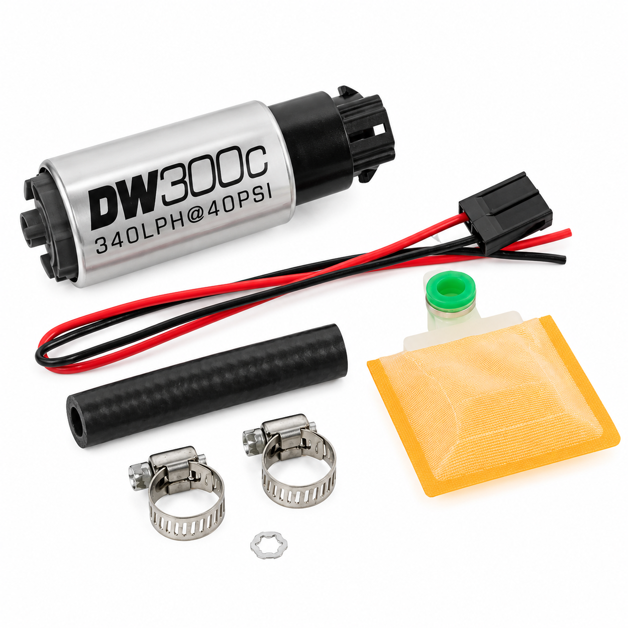 DeatschWerks DW300C 340 LPH Compact Fuel Pump with Mounting Clips and Universal Install Kit